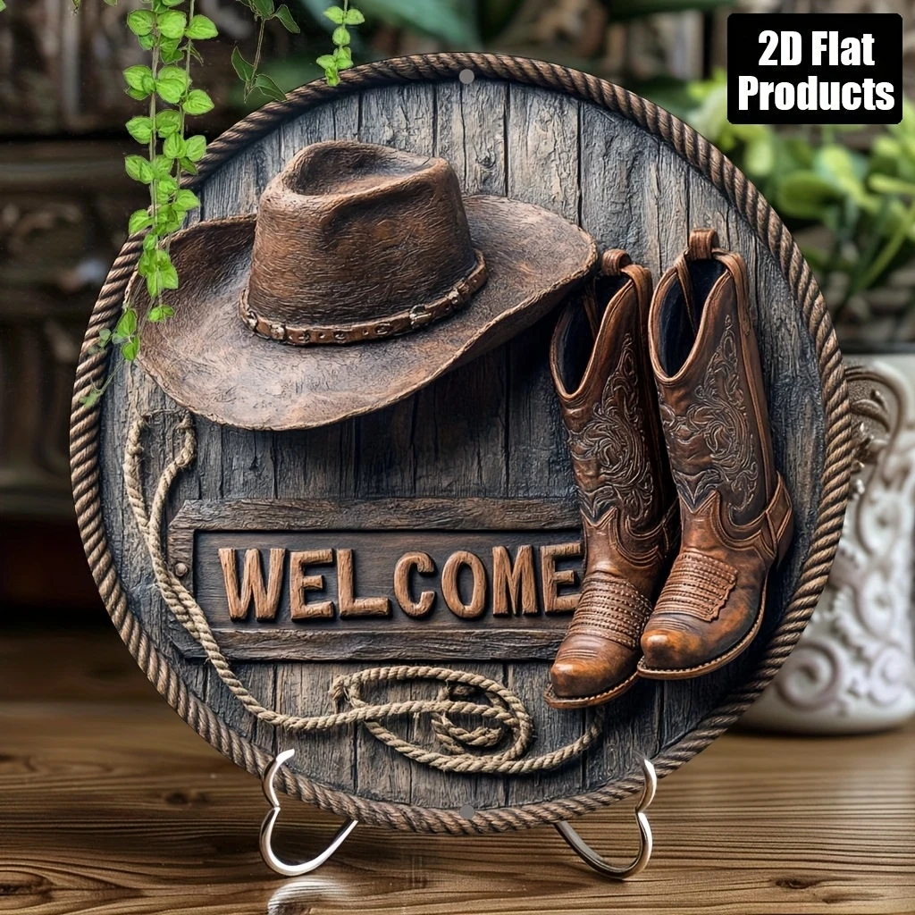 1 Piece 2D Wooden Disc Hat Shoes Welcome Theme Wall Art Sign 8 Inch For Home Office Living Room Bathroom Bar Cafe Decoration