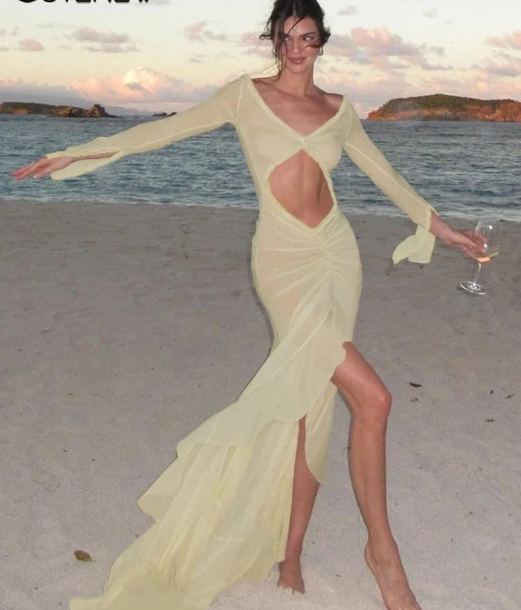 فستان شبكي موجز للنساء، نمط كلاسيكي للعطلات، بأكمام طويلة، رداء غير متماثل، ملابس نسائية أنيقة