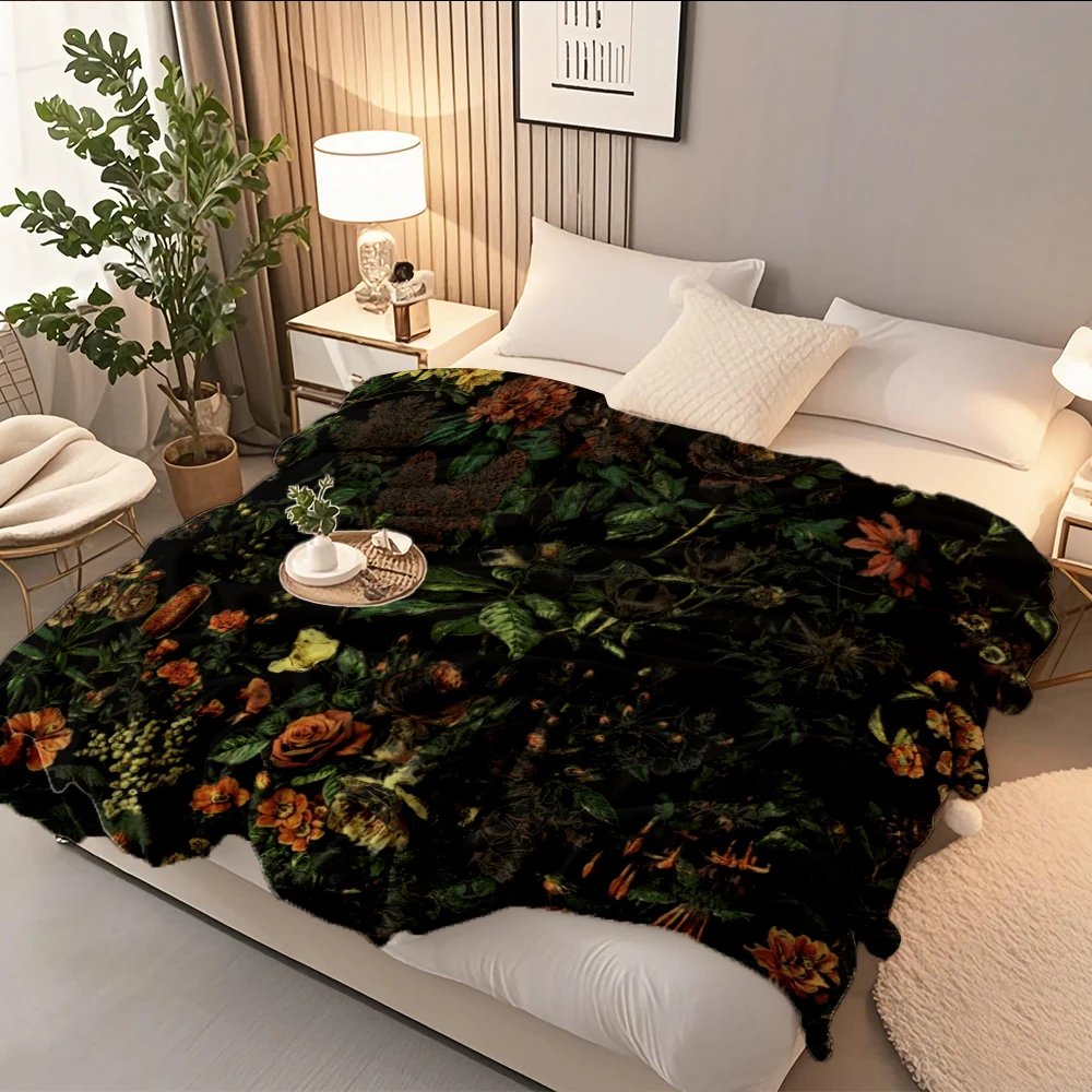 

Stylish Flannel Bed Blanket Midnight Floral Mid-century Modern Microfiber Bedspread Comforter With Odor-resistant Breathable