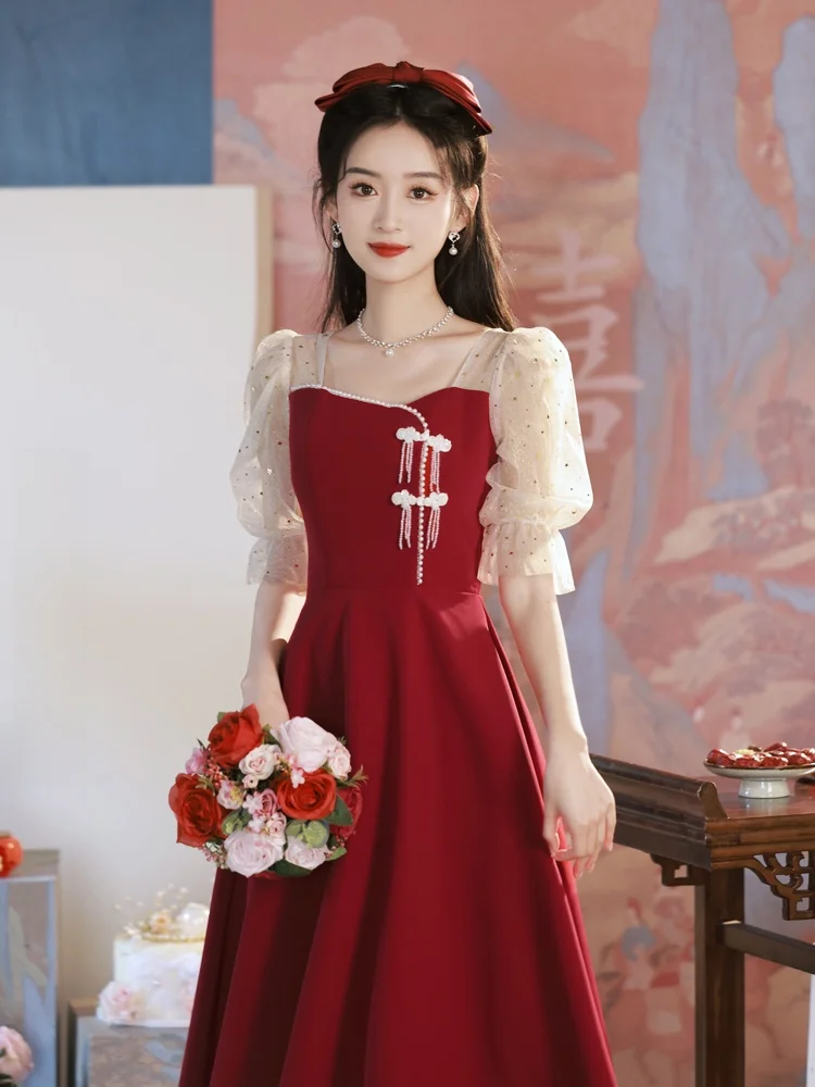 

Ele Red Wedding Dr for Bride to Be Formal Ceremony Evening Gown with Pearl Embelliment Bubble Sve Slim Fit Dr