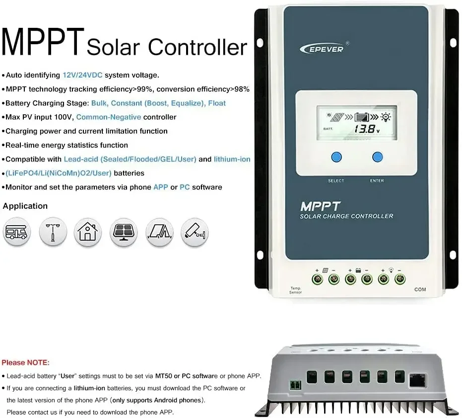 Solar Charge Controller 20A PV System Tracer2206AN 12V 24V MPPT Battery Controller Voc 60Vdc