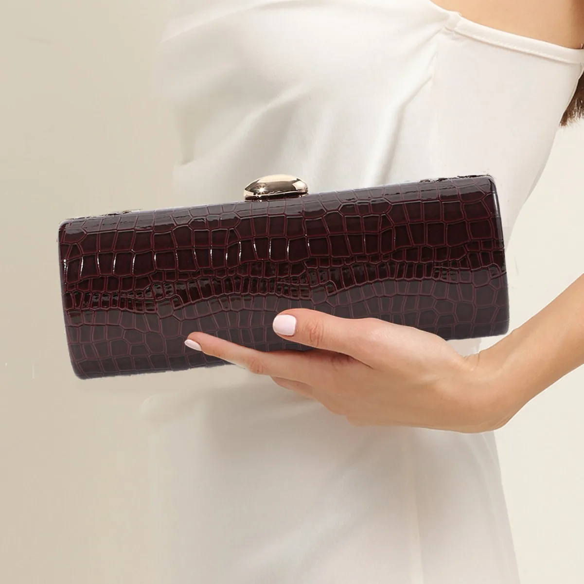 

Vintage Long Box Clutch Bag Women Brown Crocodile Pattern Wallets Gold Metal Chain Handbag Designer Luxury Evening Party Purse