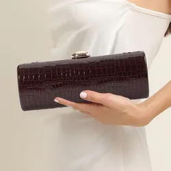 Vintage Long Box Clutch Bag Women Brown Crocodile Pattern Wallets Gold Metal Chain Handbag Designer Luxury Evening Party Purse