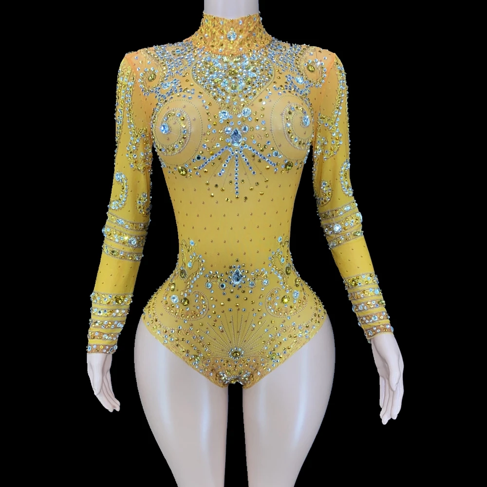 Sparkly Crystals Long Sleeve Mesh Transparent Bodysuit Sexy Dance Costume Birthday Party Night Outfit Women Leotard Stage Wear