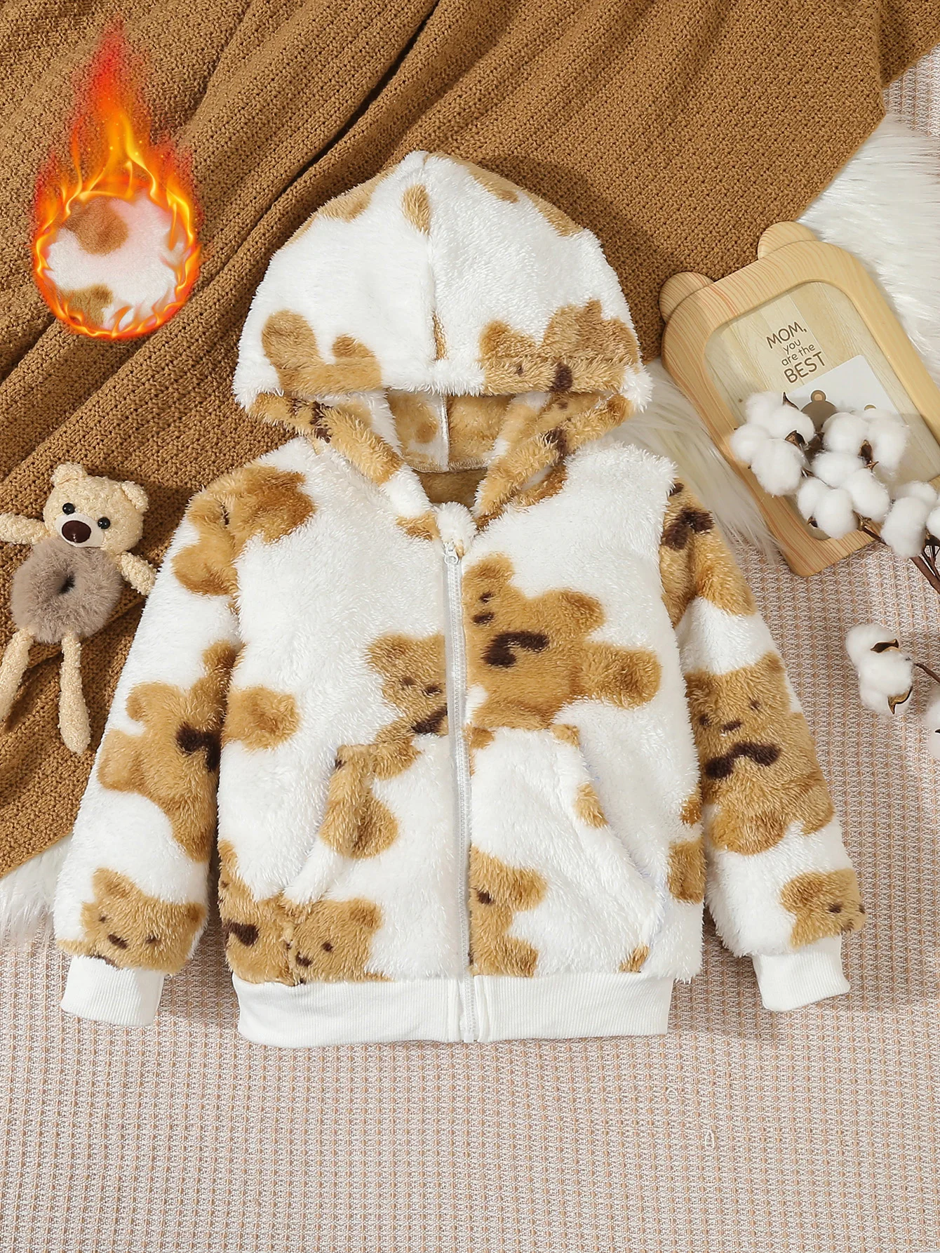 

For Autumn And Winter Girls' Pocket Plush Cardigans And Boys' Warm Double-Sided Arctic Fleece Bear Printed Hooded Jackets