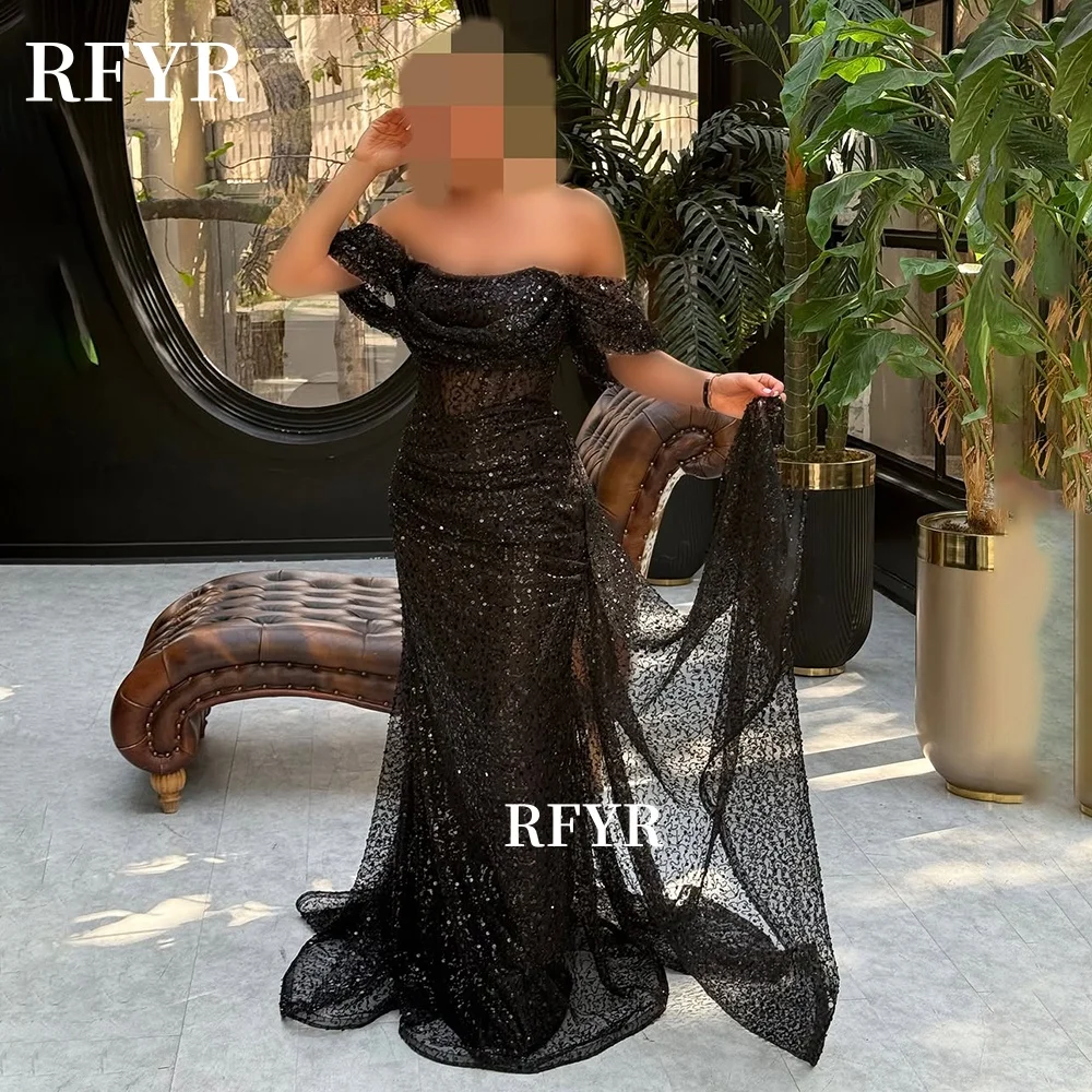

RFYR Shiny Evening Dresses Glitter Party Dress Side Train Off Shoulder Party Dress for Women Arabic Women Gowns Customized