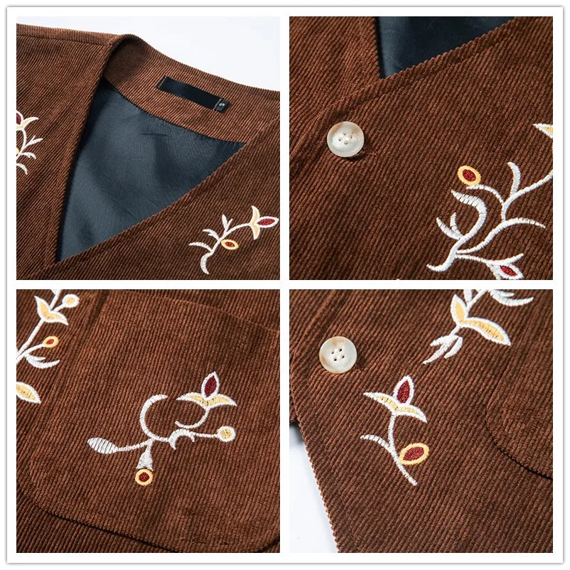 Western Corduroy Vest for Men Gothic Waistcoat Floral Embroidery Chaleco Vintage Hombre Steampunk Victorian Dress Men Suit Vest