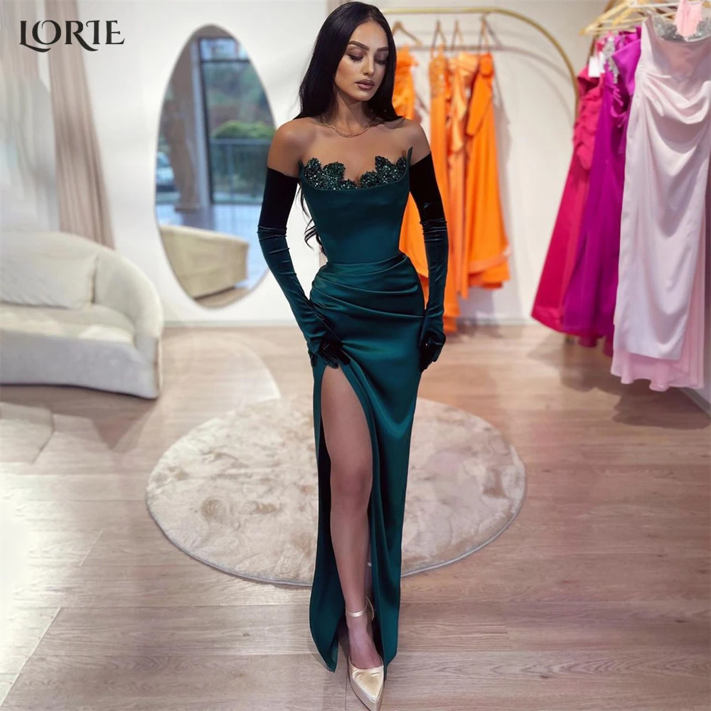 

LORIE Dark Green Mermaid Evening Dresses Off Shoulder Side Slit Beadings Floor Length Prom Dress Backless Party Gowns No Gloves