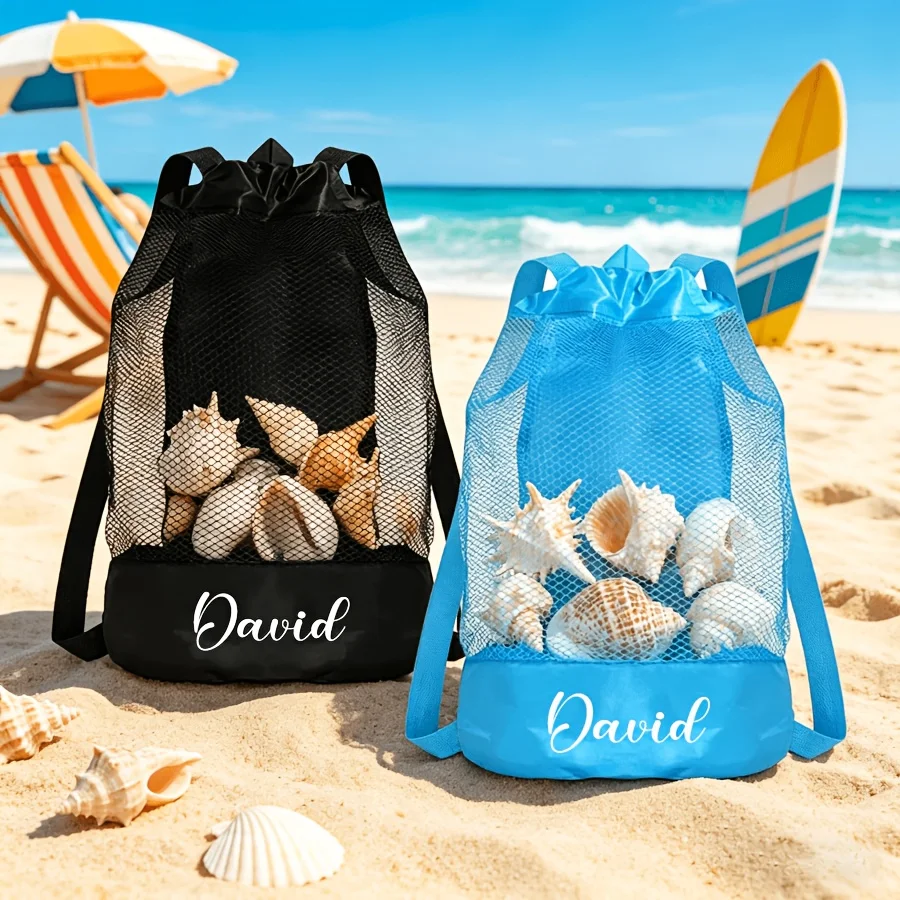 Personalized Custom Name Mesh Drawstring Beach Bag Kids Swimming Toy Storage Backpack Custom Summer Seaside Travel Gift Bag