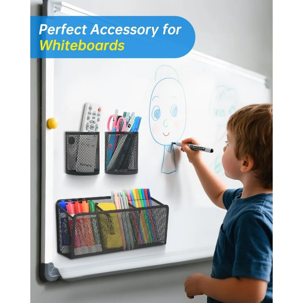magnetic pencil holder - metal pen holder with strong magnets - storage basket organizer for whiteboard, refrigerator, locker a