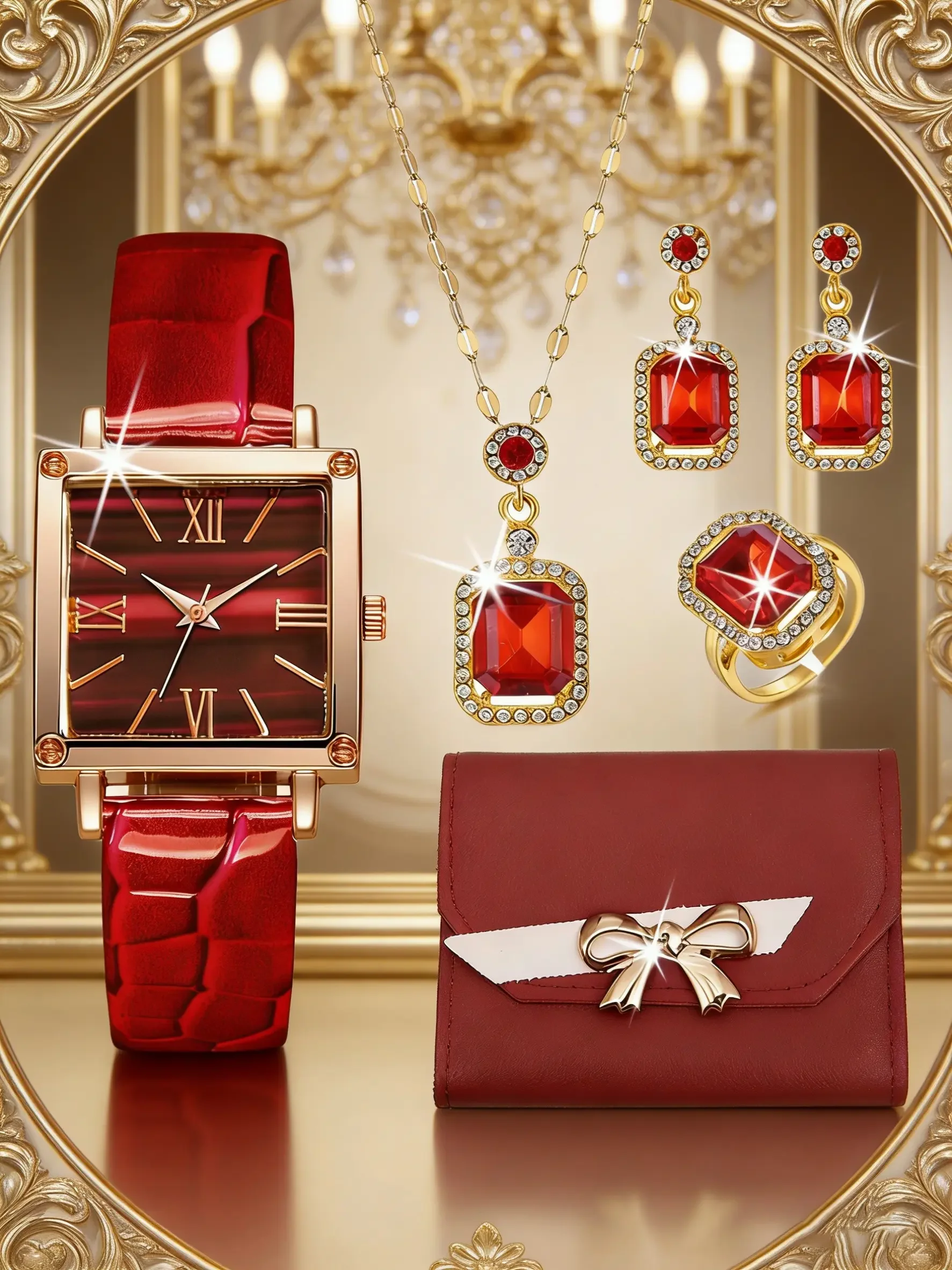 Luxurious Fashion Jewelry Set with Ladies Dial Quartz Watch, Synthetic Diamond Necklace Earrings and Bracelet