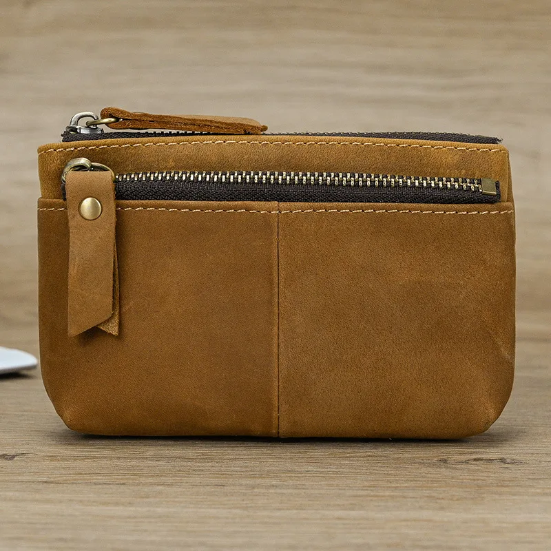 2026 Mens Crazy Horse Leather Coin Purse Vintage Top Grain Cowhide Key Ring Small Portable Wallet Daily Carry Mini Pouch Daily