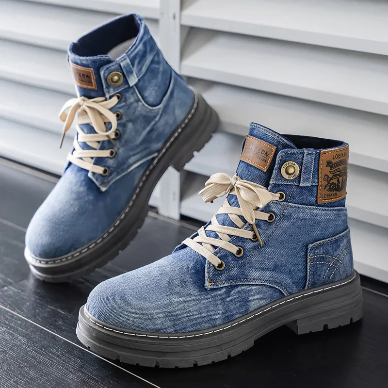 

Retro Blue Cowboy Boots For Man Big Size 48 Lace-up Platform Boots Man Ankle Boots Western Casual Men's Work Shoes botas hombre