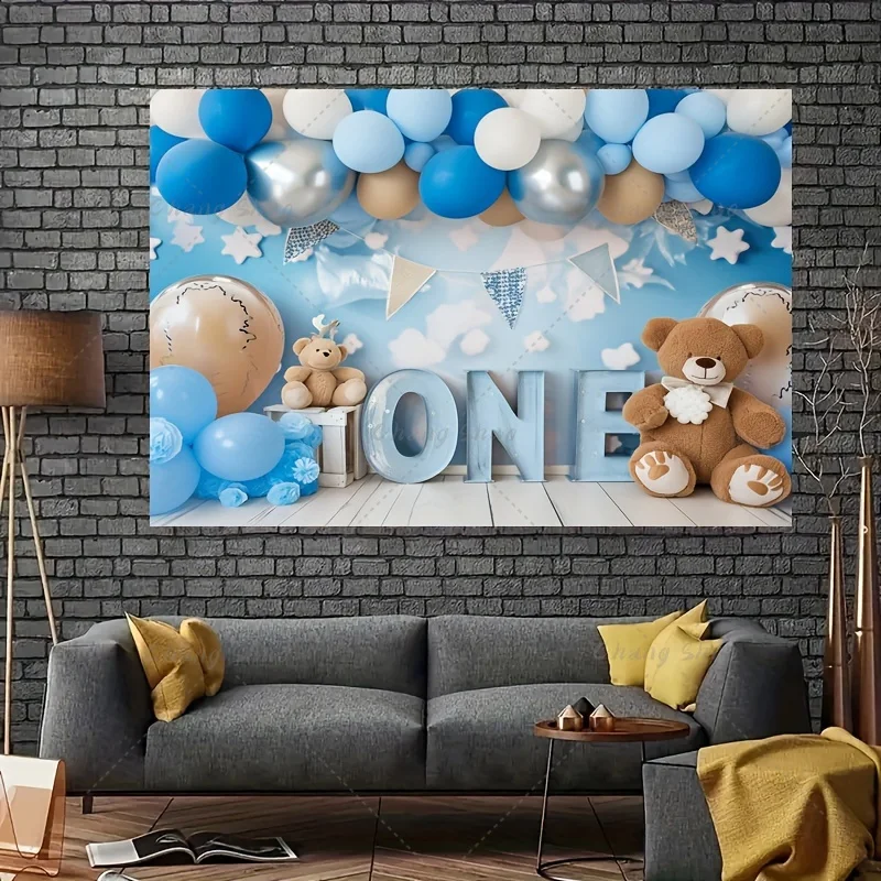 Blue Balloon Happy Birthday Bear Background Cloth Suitable For Birthday Party Baby Shower Holiday Decoration Photo Props