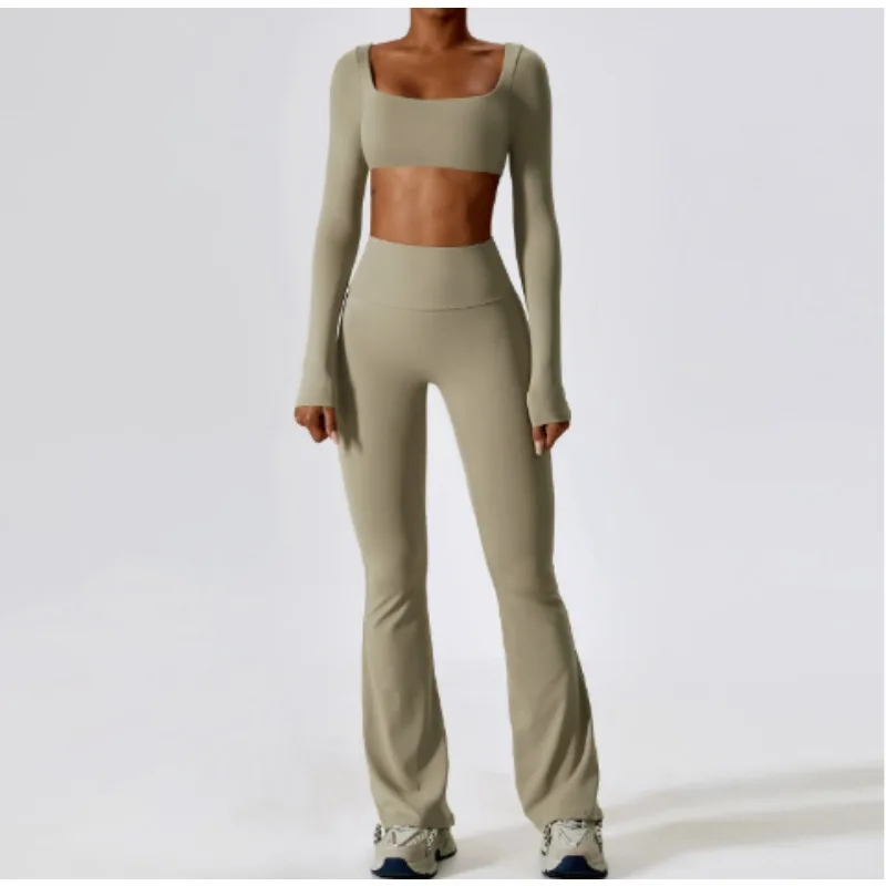 Women Tracksuit Gym Yoga Suit 2PCS Tight Fitting Sports Set Workout Breathable T Shirts Bra Tank Top Loose Bell-bottoms Leggings