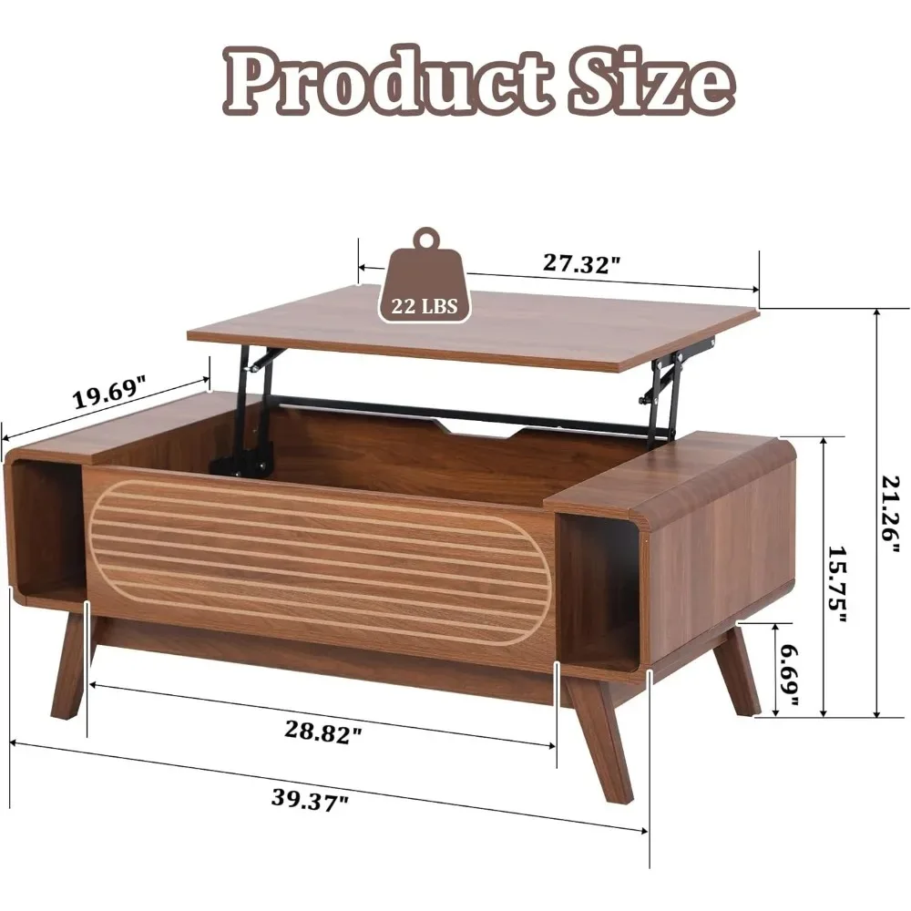 Small Lift Top Coffee Table with Hidden Compartment, Mid Century Modern Curved Coffee Table with Storage Shelf, Wooden Rectangle