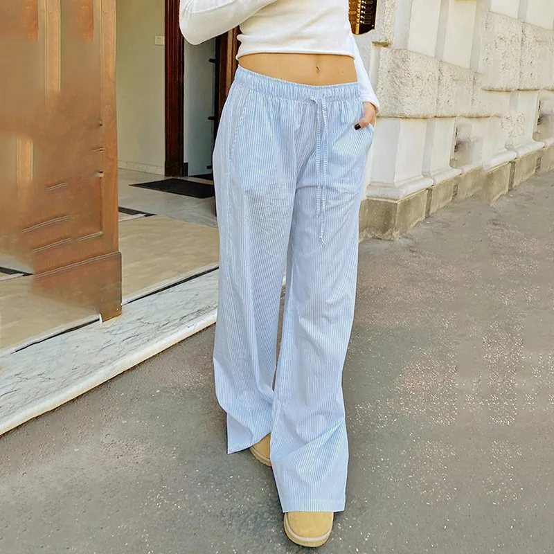 Pantalones informales a rayas con contraste de colores, pantalones de pierna ancha holgados, pantalones largos de punto de cintura alta para mujer, verano 2024 eBay transfronterizo