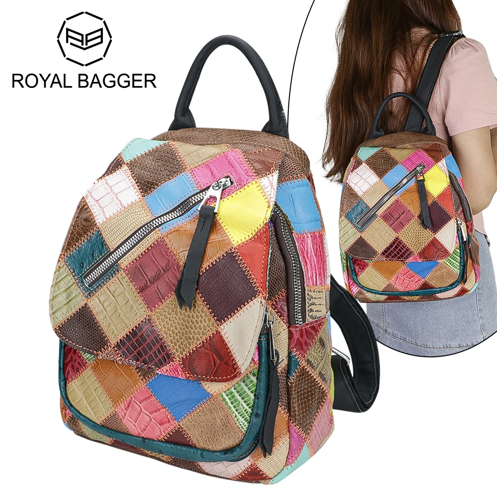 Royal Bagger Retro Colorful Backpacks for Women, Genuine Leather Shoulder Bag, Large Capacity Handbag 1865