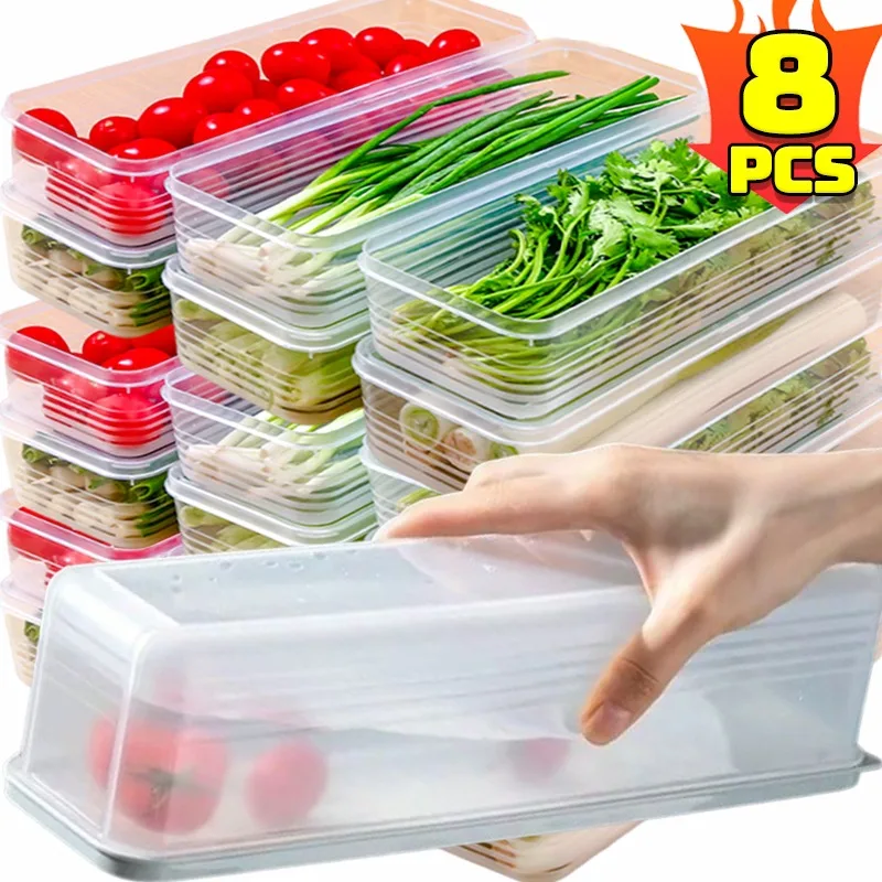 

1/8PCS Refrigerator Storage Crisper Scallions Fresh Box with Lid Rectangle Vegetable Box Moisture-Proof Sealed Fridge Organizer