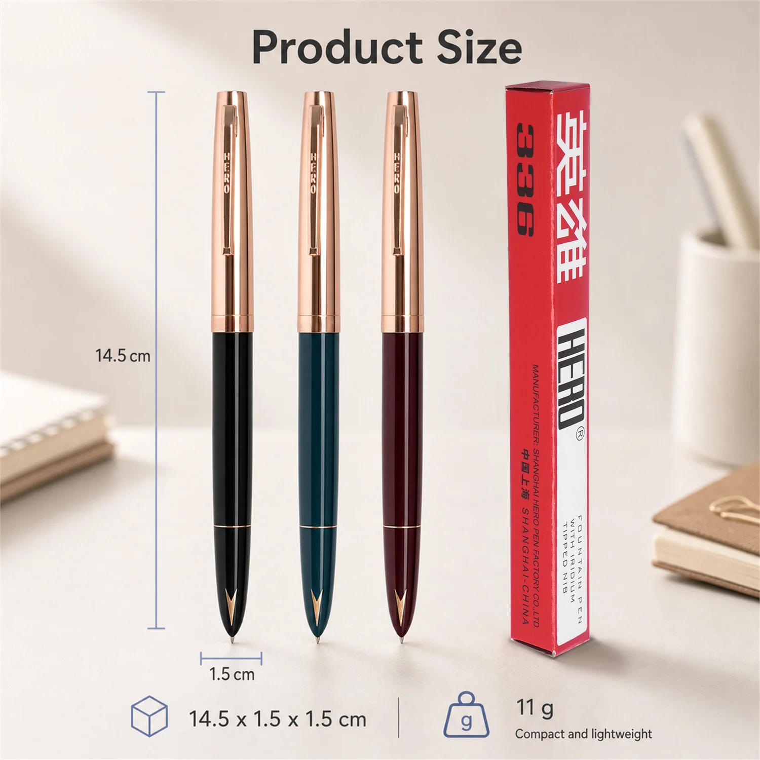 Stylo plume Hero 336, pointe lisse foncée, 3 couleurs, stylo à encre portable pour calligraphie, étudiant, bureau, écriture quotidienne, métal classique