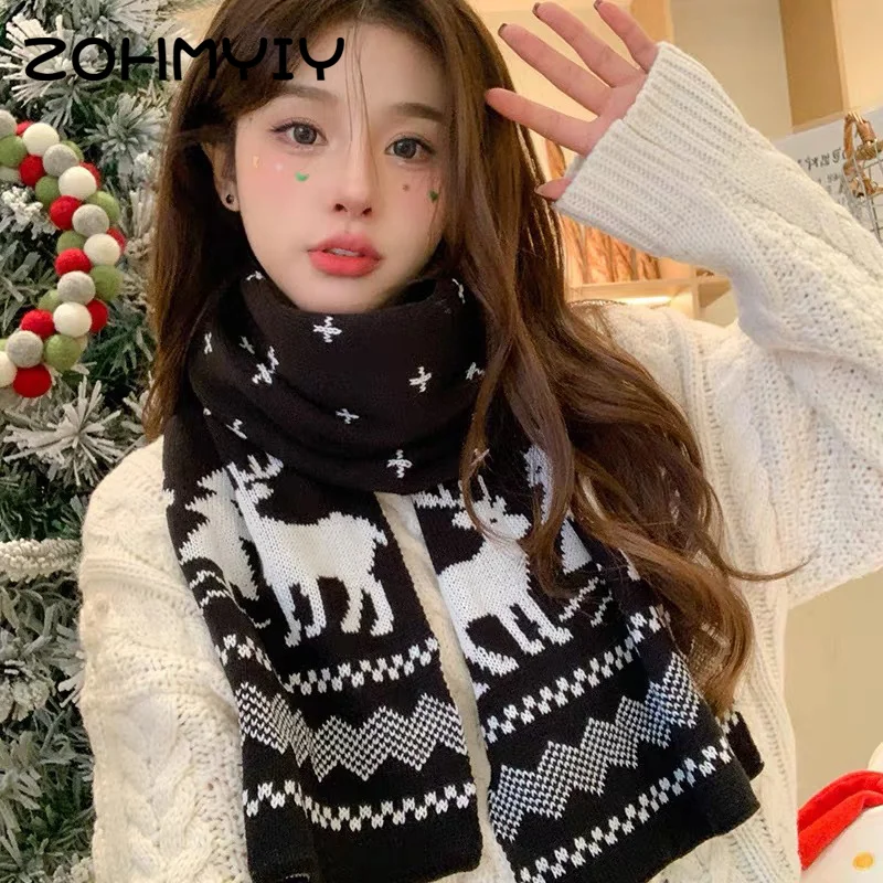 

Winter Warm Scarf For Women Men Deer Elk Double-Sided Knitted Scarves Fashion Versatile Woolen Shawl Girls Christmas Present