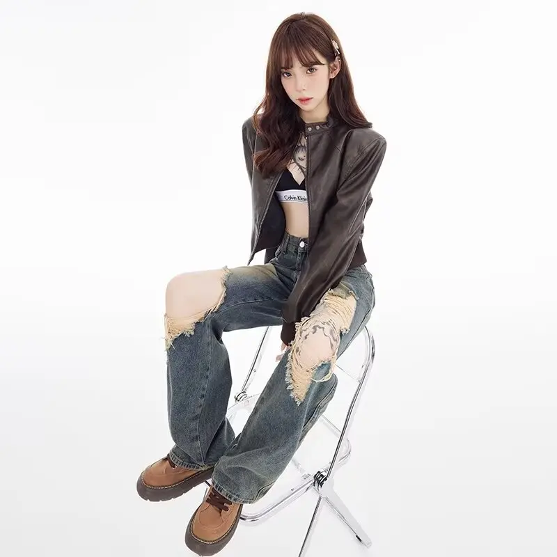 Jean ผู้หญิงตรงกางเกงยีนส์สุภาพสตรีเสื้อผ้าผู้หญิงกางเกงยีนส์เอวสูง Y2k Shoujo สาวสไตล์ผู้หญิงกว้างกางเกง Coquette Baggy ขา