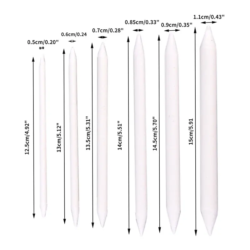 Juego de 6 unidades de palitos de tocón difuminado, arte de boceto de Tortillon, dibujo de carbón blanco