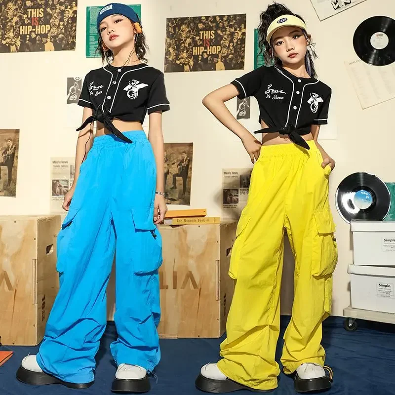 Baju atasan pendek hitam berenda, celana kargo saku kasual Untuk gadis Jazz dansa kostum pakaian anak Kpop Hip Hop