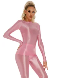Sexy Women Satin Smooth T-shirt Oil Glossy Shiny Yoga Tight Sheer See Through Elastic Shaping Leotard Tops Breathable Pajamas