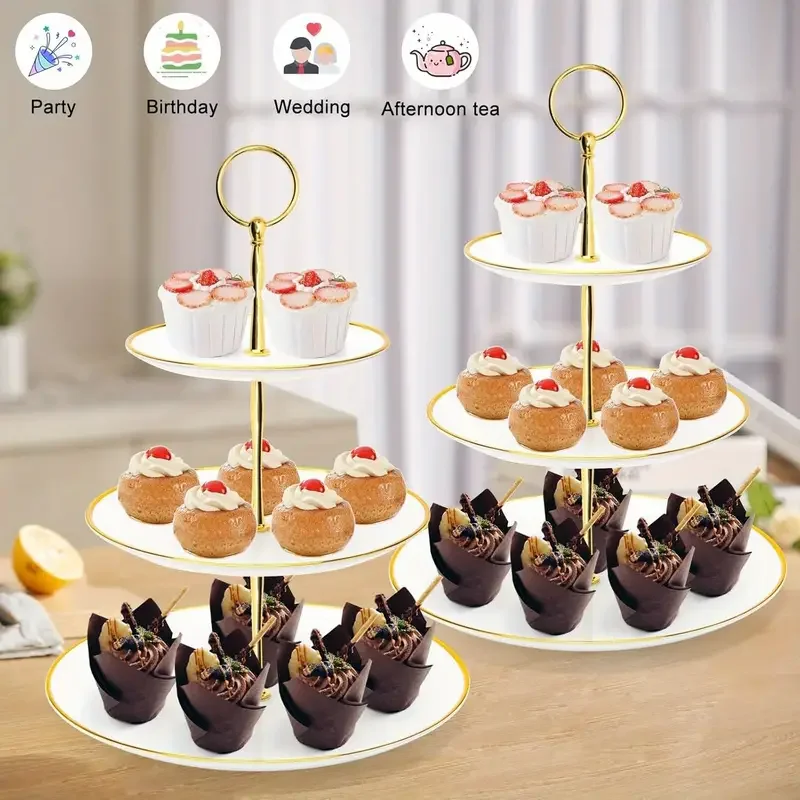 3 Tier Cupcake Stand Holder Golden Edged Cup Cake Dessert Tower Plastic Tiered Serving Tray Metal Rod Wedding Party Home Decors