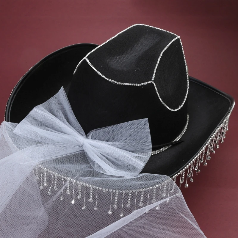 Bride Cowgirl Hat Bachelorette Party Cowboy Hat with Veil and Rhinestones Tassel