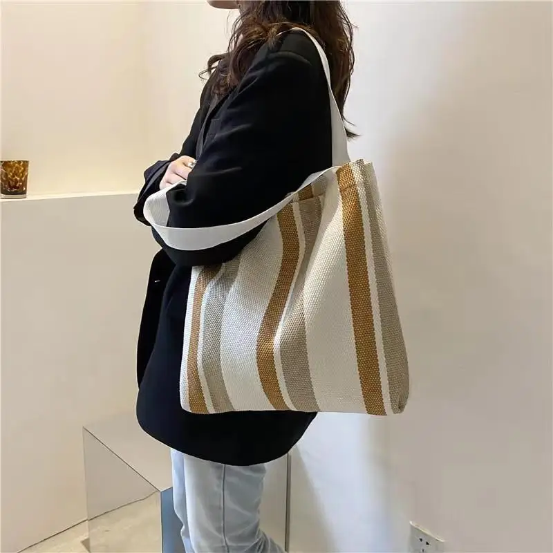 Simple Retro Handbag Small Fresh Striped Canvas Bags for Women 2021 Casual Literature and Art Large-capacity Shoulder Bag Female