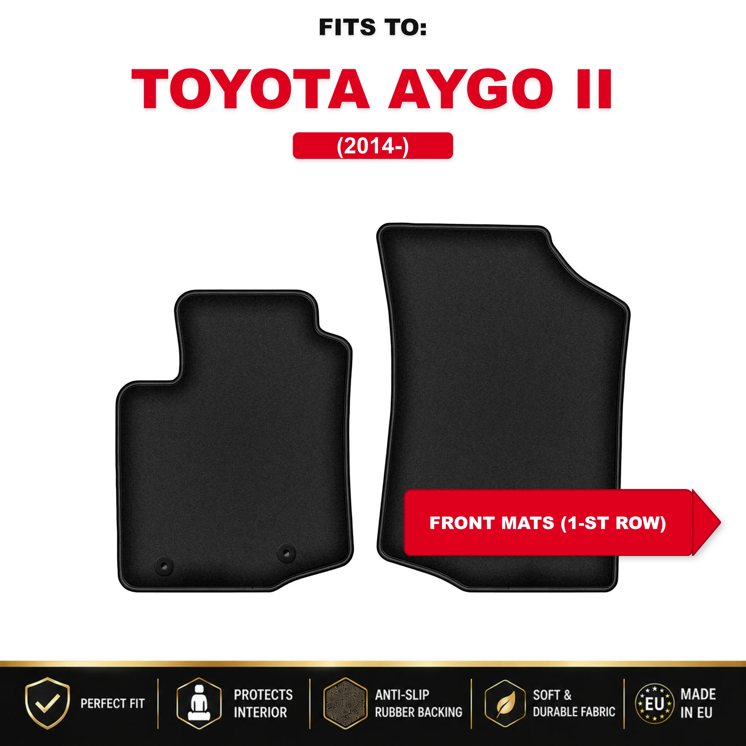 Voorste velours vloermatten, zwart, 2 stuks. Voor: Toyota Aygo II 2014- hatchback set autovloermatten voor de voorkant van het voertuig