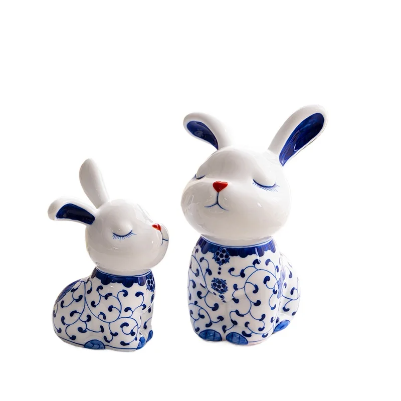 

Modern cute blue and white rabbit ceramic ornament lucky TV cabinet desktop living room home accessories gifts for friends