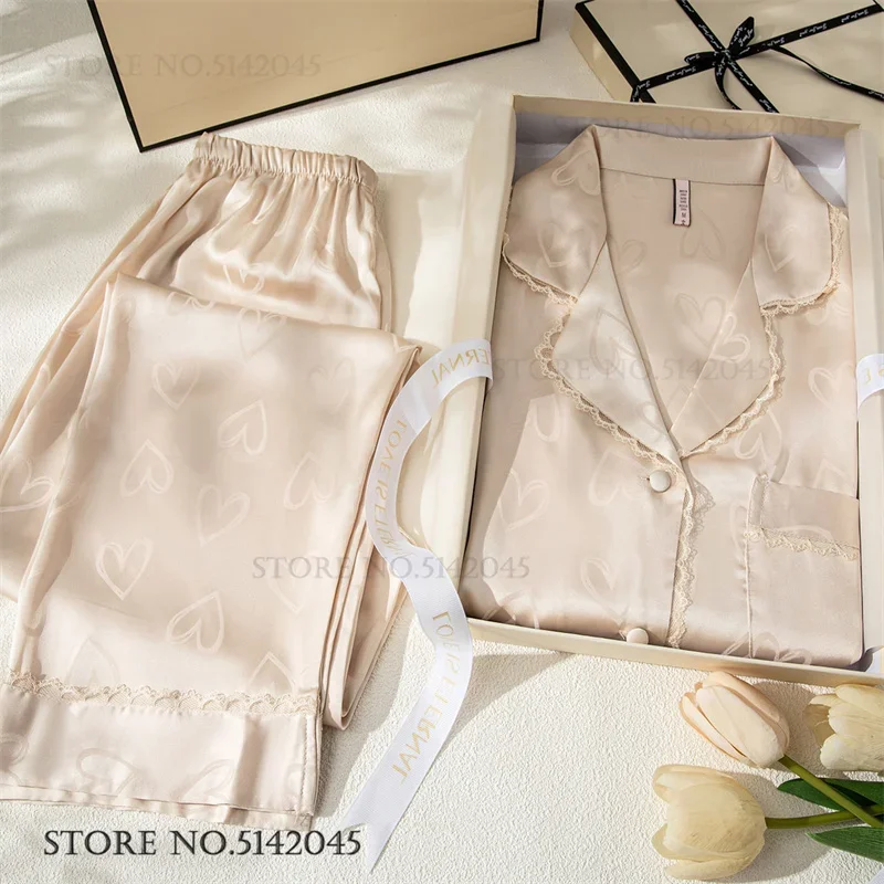 

Spring Autumn New Female Sleepwear Long Sleeve Pajamas Set Loungewear Sweet Jacquard Pijamas Suit Loose Casual Satin Homewear