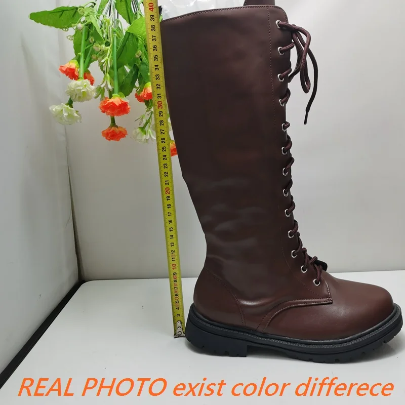 REAVE CAT Women Knee High Boots Round Toe 3.5cm Heel Lace Up Big Size 46 47 48 US17 Party Bota Faux Leather Mortorcycle Ridding