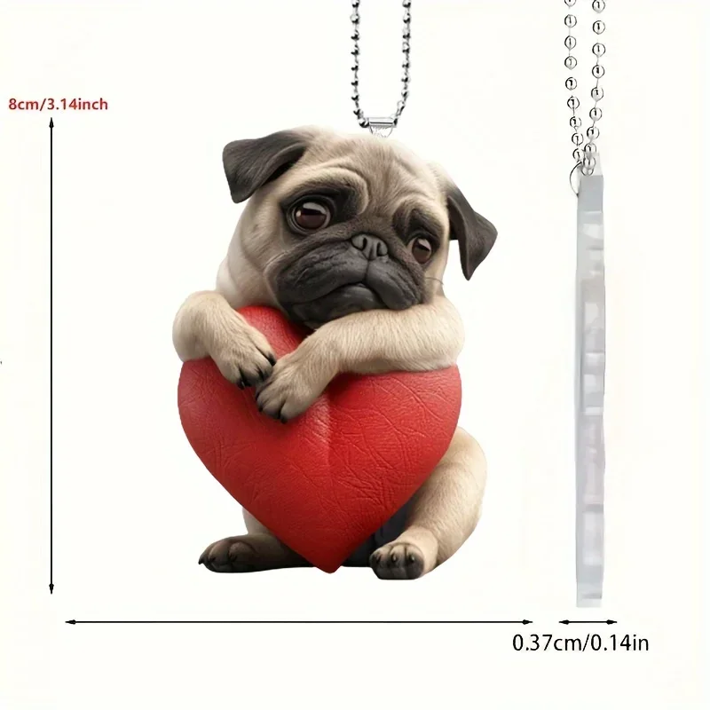 Adorable Pug Dog with Heart Keychain Cute Puppy Acrylic Pendant Versatile Charm for Car Mirror,Backpacks,Home,Festive,Gift&Decor