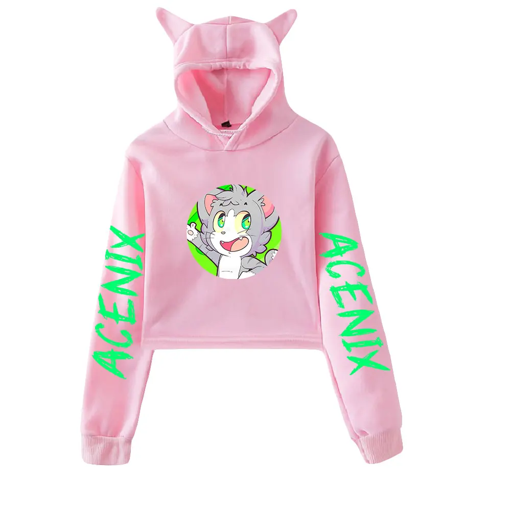 Acenix merch gato cortado hoodies feminino/menina com capuz colheita topos solto moletom com capuz