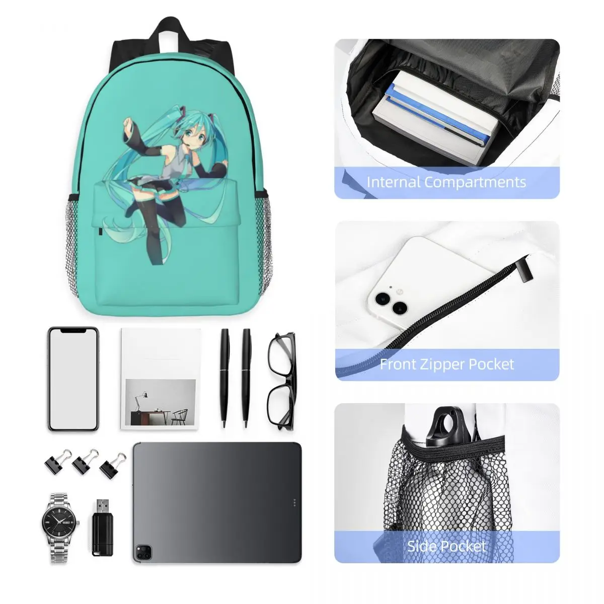 Mochila impermeável Hatsune Miku de 15 polegadas – Bolsa de viagem leve com vários bolsos para organização