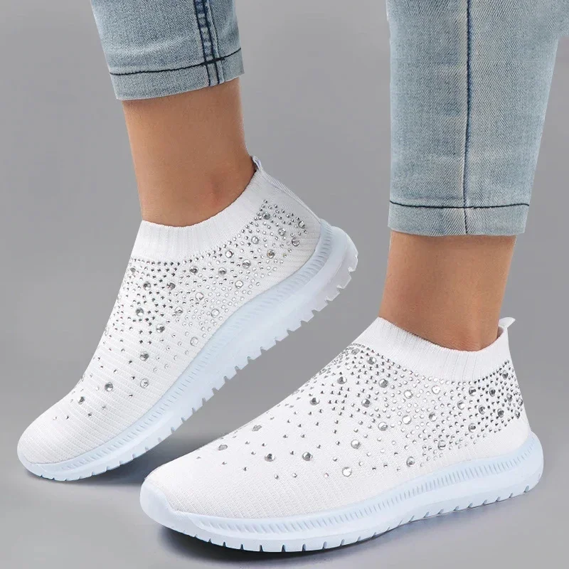 Shining Crystal Flats Shoes for Women Plus Size 35-43 Breathable Mesh White Sneakers Woman Autumn Soft Sole Ladies Sports Shoes