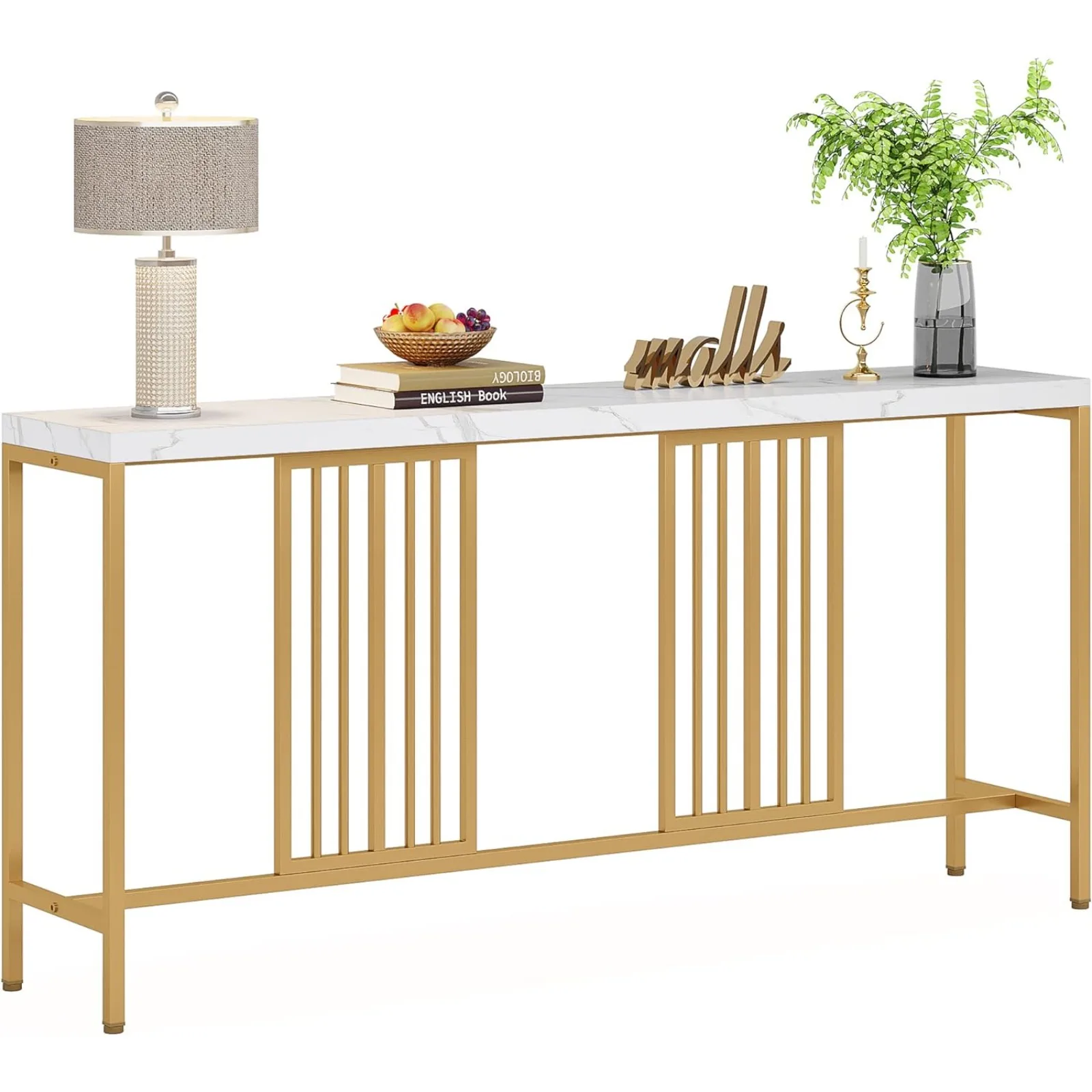 US LITTLE TREE Long Sofa Console Table with a 70.9 inch Spacious Tabletop, White and Gold