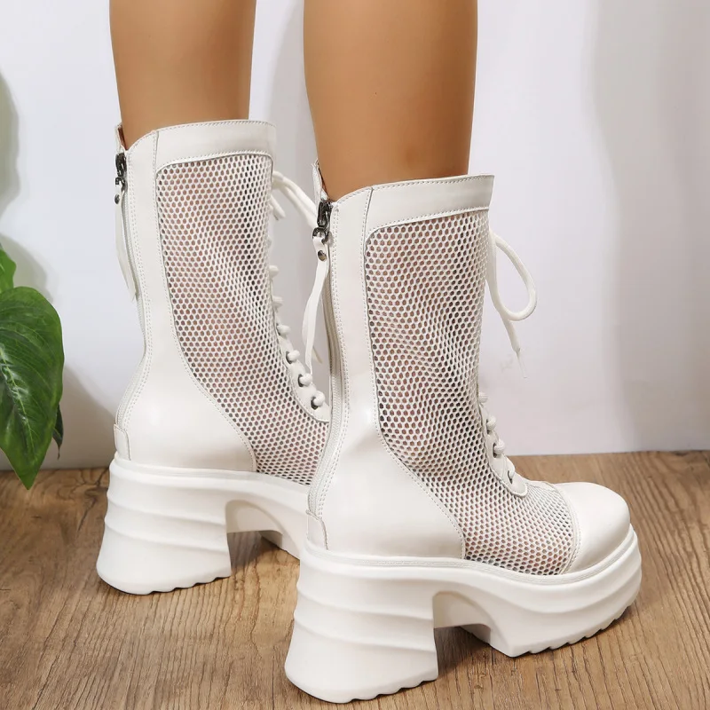 Foreign Trade 2023 Spring and Autumn Hollow High Heel Mid Length Lace Up Cool Boots for Women in Europe and America Thick Heels