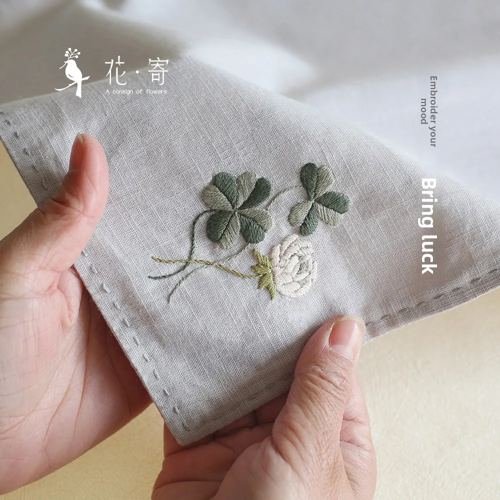 100% Cotton Diy Embroidery Handkerchief Kit Forget Me Not 4 Leaf Clover Pattern Handmade Personalized Romantic Gift For Couple
