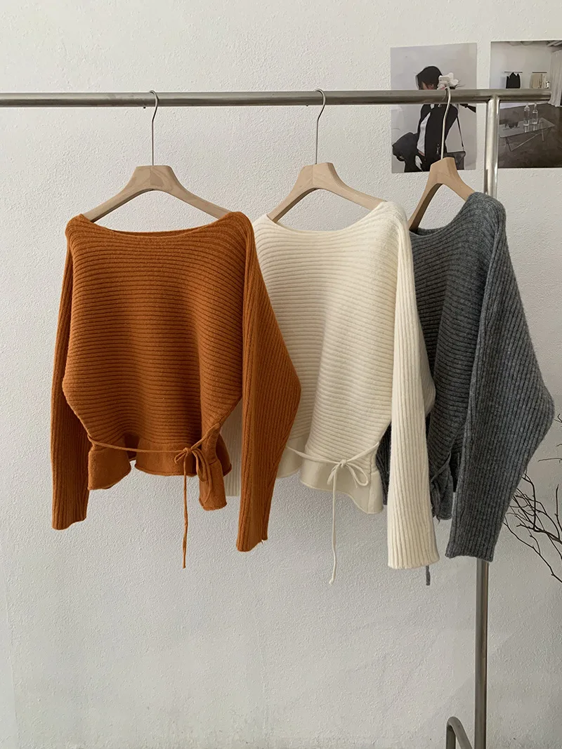 French Style Gentle Ruffles Lace Up Women's Sweater Fashion Temperament Solid Color Long Sleeve Soft Knitwear Vintage Tops