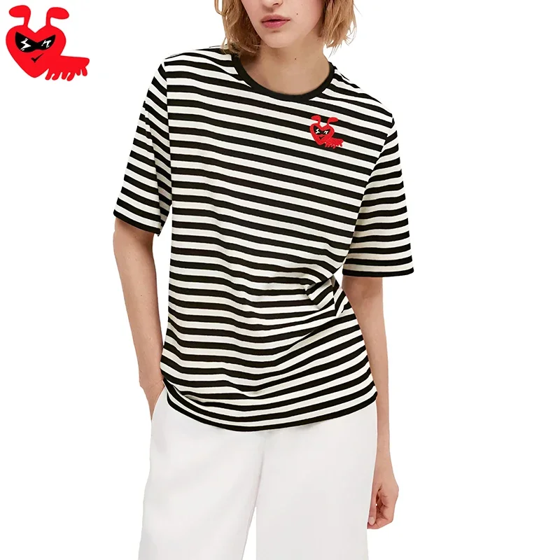 Break Egg Women Stripe T-Shirt Cartoon Cute Glasses Ant Embroidery Cotton Short Sleeve O-Neck Summer Two-tone T-Shirt