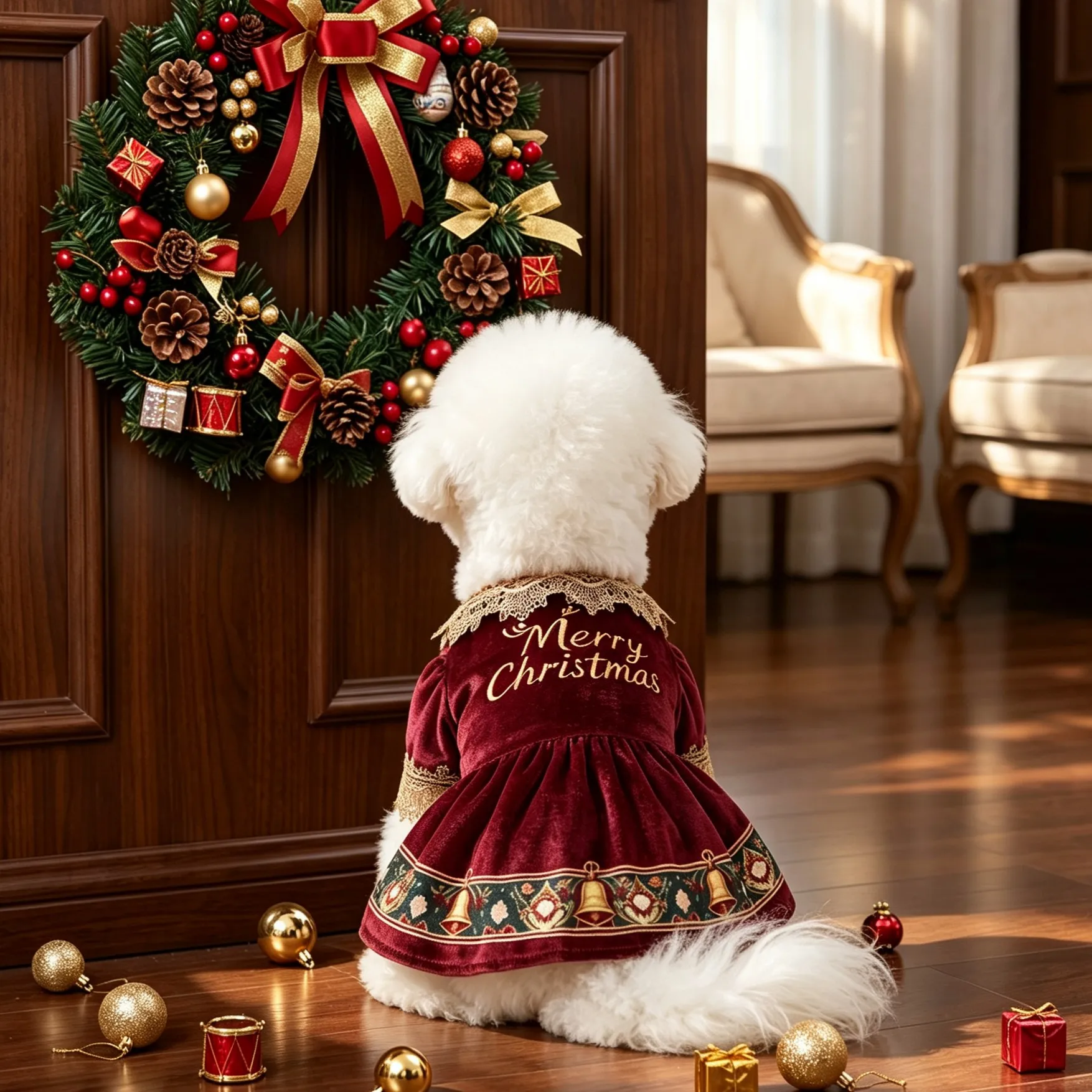 1 Haustierkleid, burgunderrotes Samtkleid für Hunde mit Spitzenrüschen, Weihnachtsmuster mit Glockenblumen-Print für Haustiere – Detail 1