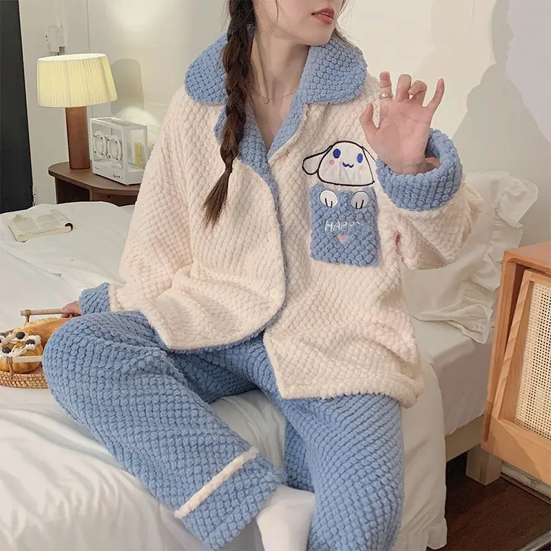 

Sanrio Cinnamoroll Women's Pajamas Set Autumn Winter New Coral Fleece Thickened Plush Warm Cozy Comfy Home Loungewear Sleepwear