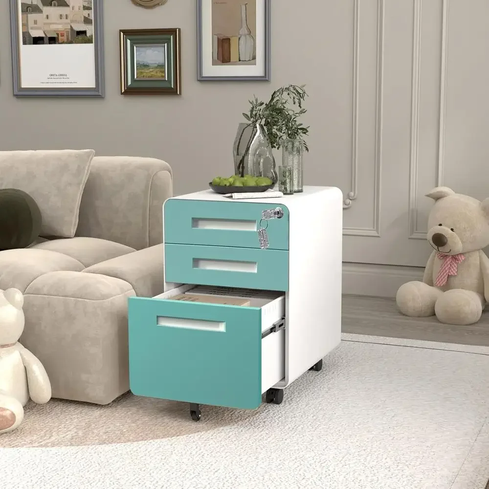 Metal Under-Desk Rolling Storage Cabinet with 5 Wheels, Lockable, Fully Assembled, A4/Legal Size, Blue