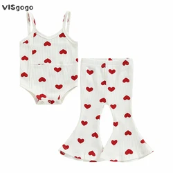 VISgogo Baby Girls Valentines Day Outfit Heart Print Sleeveless Romper with Elastic Waist Flare Pants 2PCS Summer Ribbed Outfit