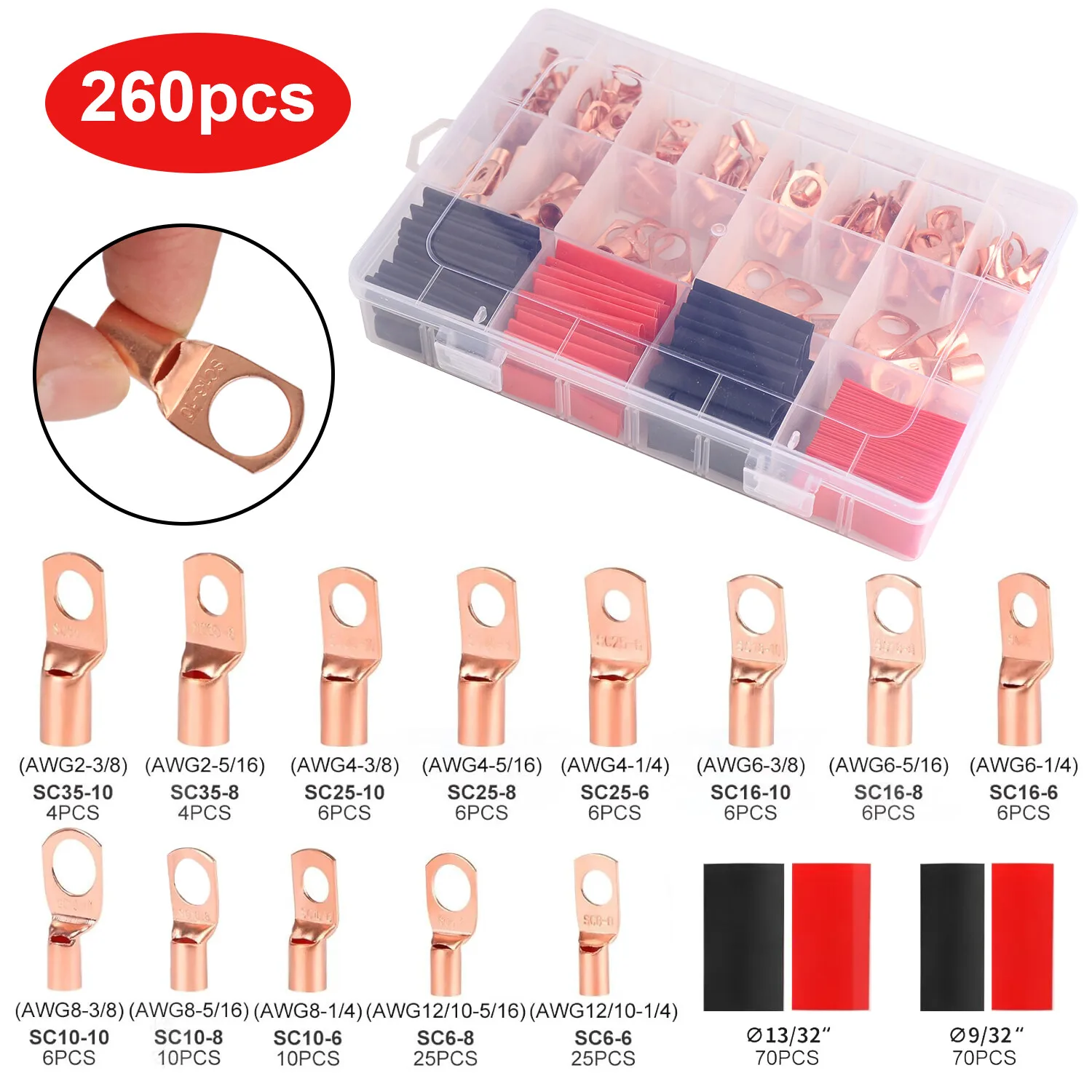 

260 шт., медные наконечники для проводов батареи, наконечники, кабельные люверсы, кольцевые клеммы, набор разъемов